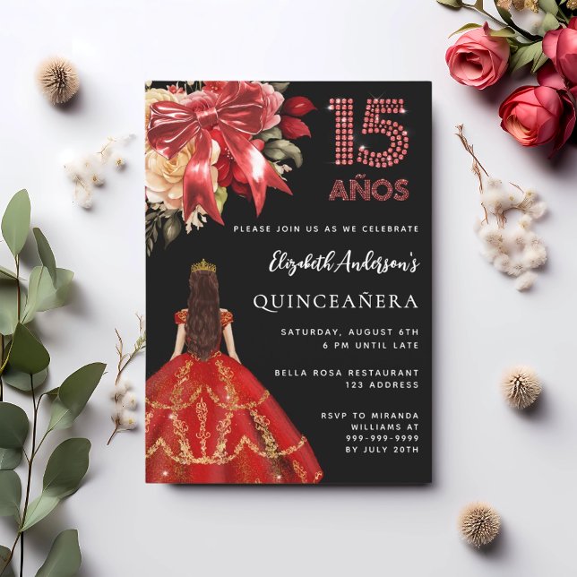 Convite Farinhas de arco vermelho preto de Quinceanera (Criador carregado)
