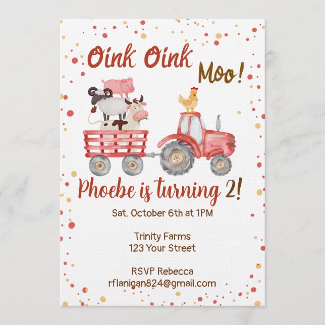 Convite Farm Animal Barnyard Second Birthday Invitation (Frente)