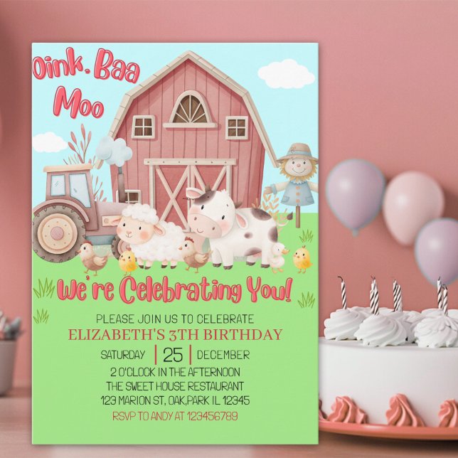 Convite Farm Animal Birthday for Girls – Barnyard Party  (Criador carregado)