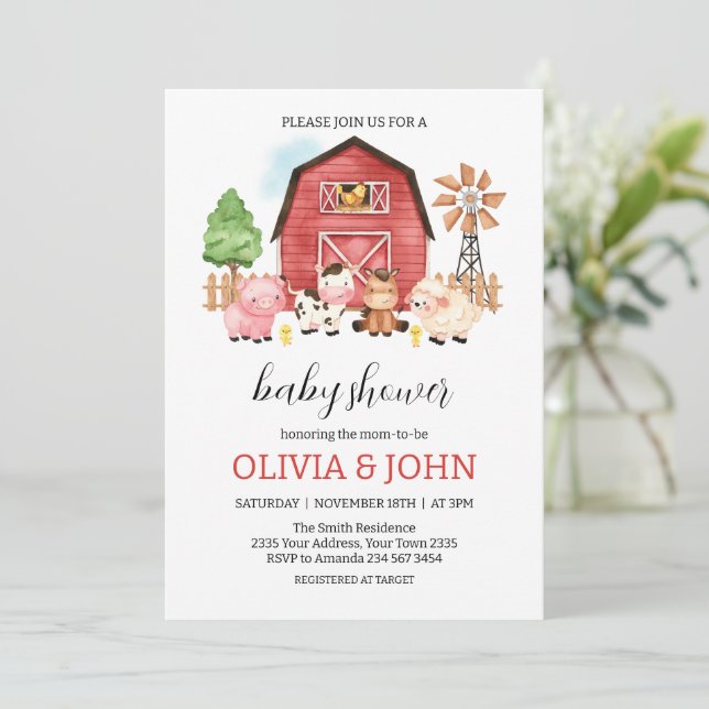 Convite Farm Animals Baby Shower (Em pé/Frente)