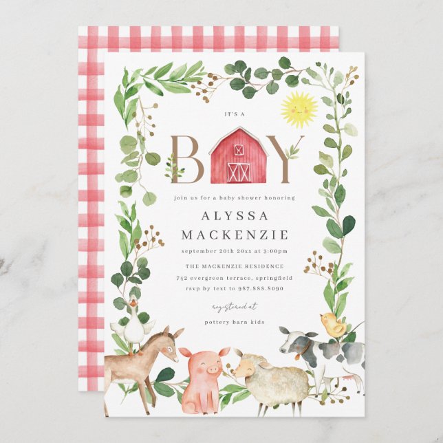 Convite Farm Animals Baby Shower Invitation (Frente/Verso)