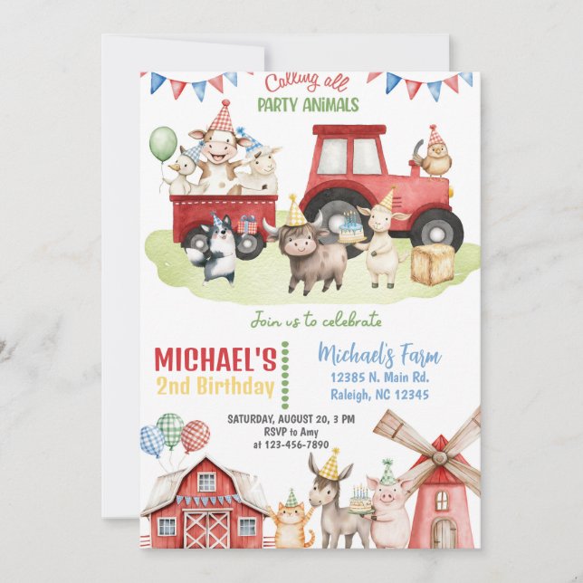 Convite Farm animals boy ANY AGE birthday invitation. (Frente)