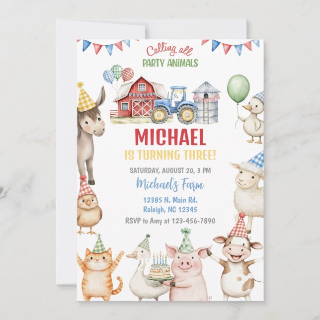 Convite Farm animals boy ANY AGE birthday invitation. (Frente)