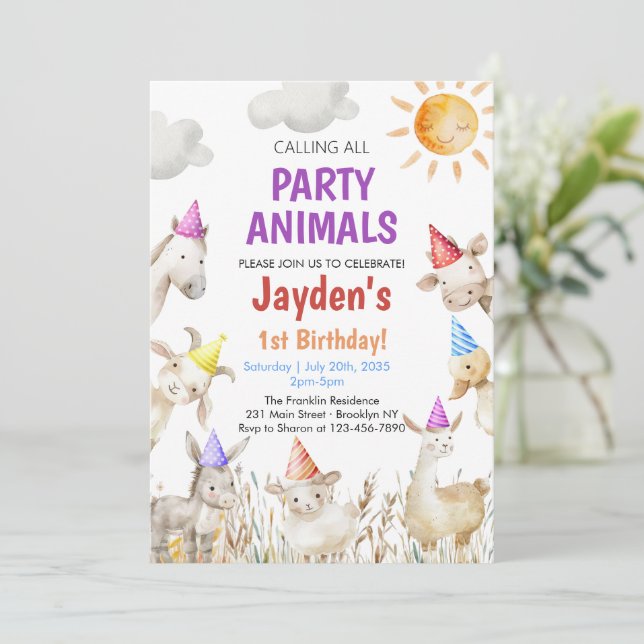 Convite Farm Animals gender neutral Barnyard 1st Birthday (Em pé/Frente)