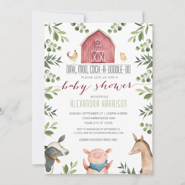 Convite Farm Animals Greenery Baby Shower Invitation (Frente)