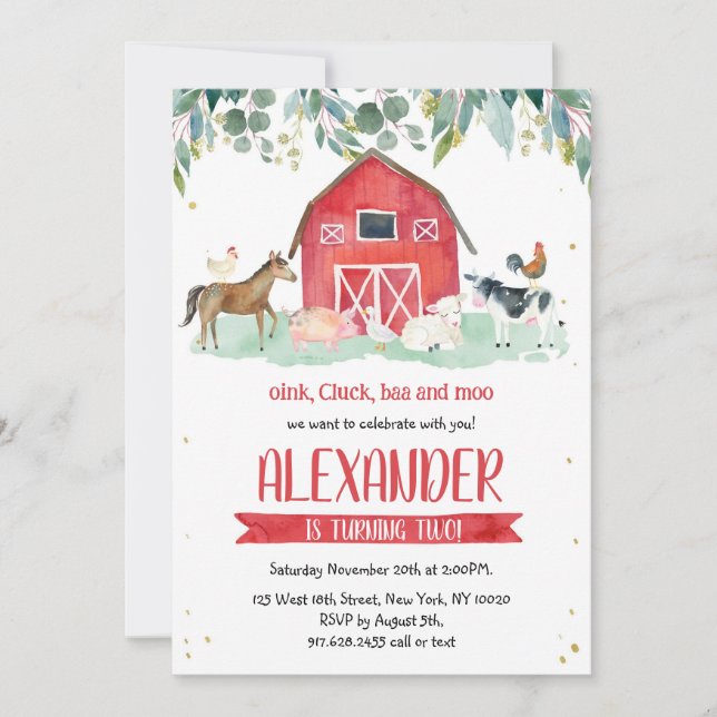 Convite Farm Animals Oink Baa Moo Boy 1st Birthday  (Frente)