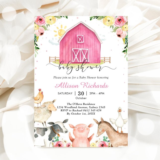 Convite Farm Animals Pink Baby Shower Invitation (Criador carregado)
