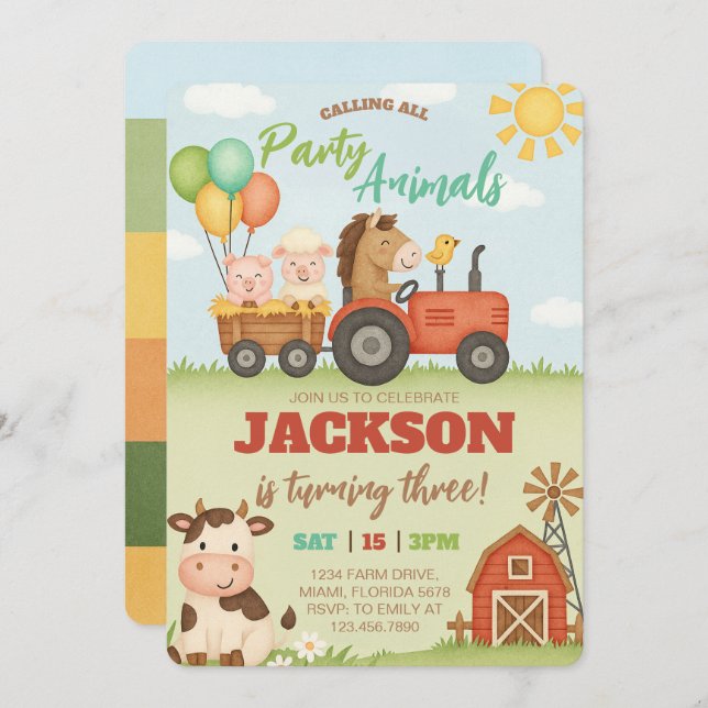 Convite Farm Animals Ranch Kids Birthday (Frente/Verso)