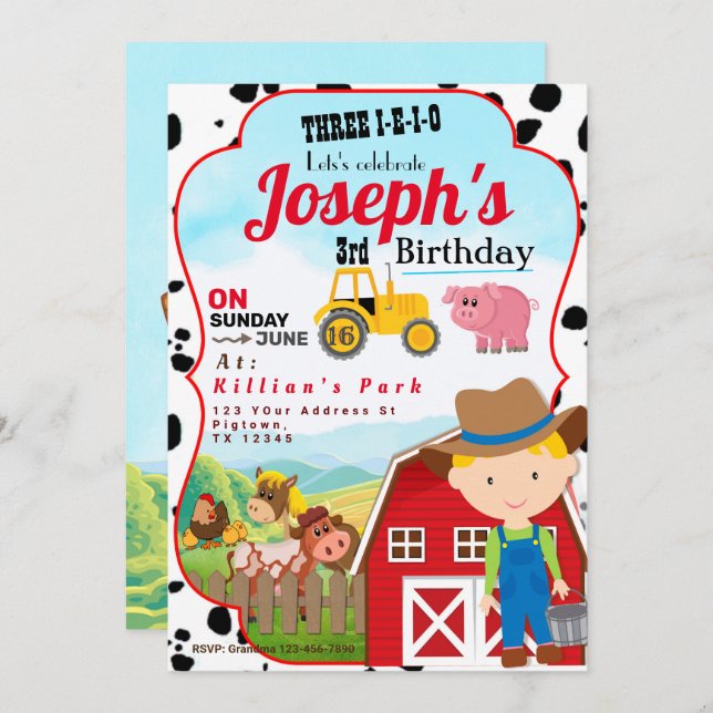 Convite FARM BOY 3rd BIRTHDAY INVITATION THREE-I-I-I-O (Frente/Verso)