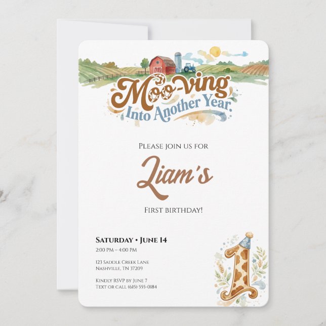 Convite Farm First Birthday Invitation Moo-ving Into One (Frente)