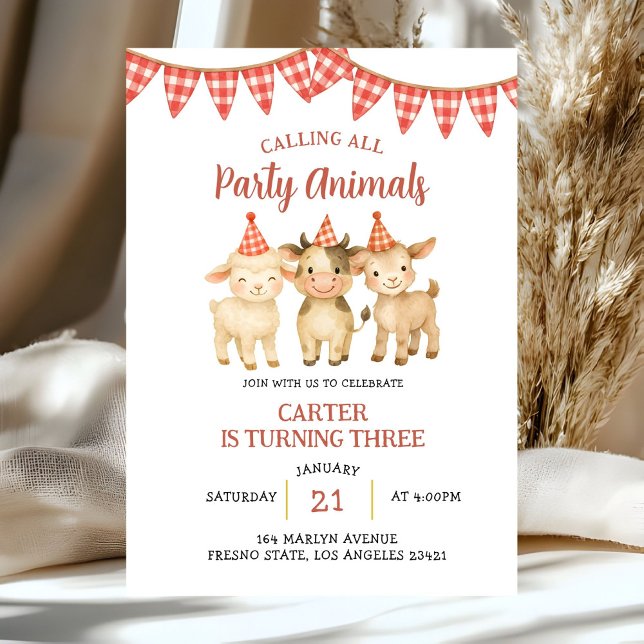 Convite Farm Party Calling All Party Animals Birthday  (Criador carregado)