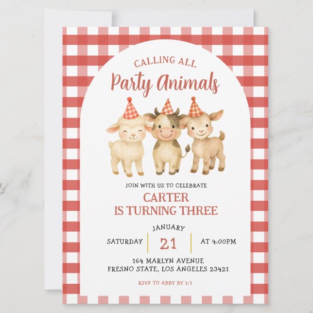 Convite Farm Party Calling All Party Animals Birthday (Frente)