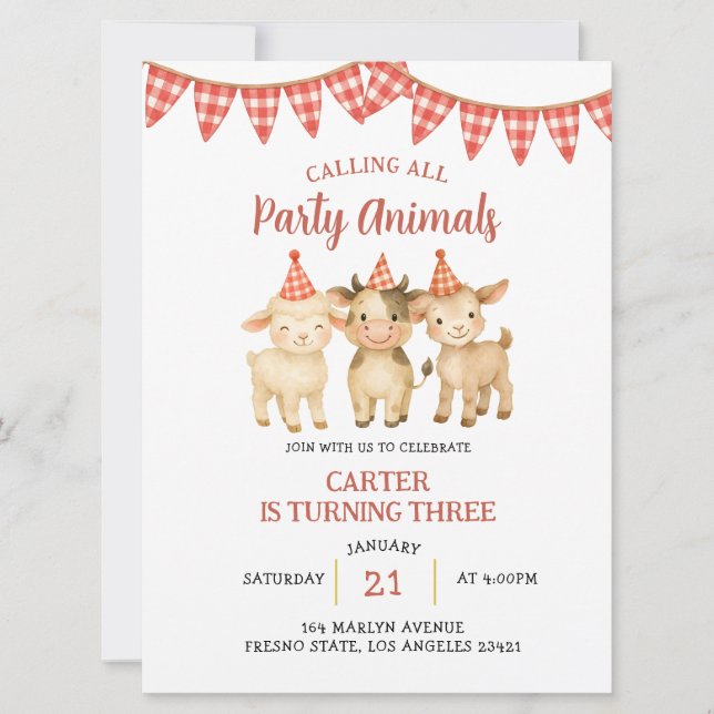 Convite Farm Party Calling All Party Animals Birthday  (Frente)