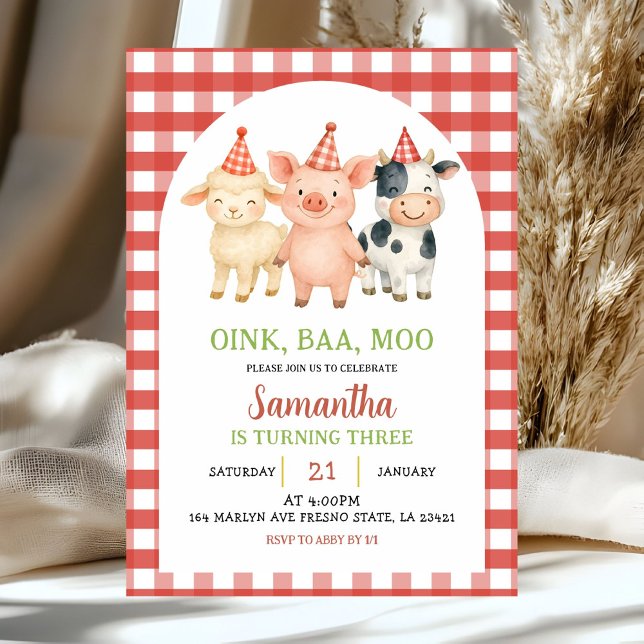 Convite Farm Party Gingham Birthday Invitation (Criador carregado)