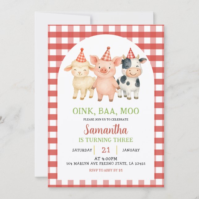 Convite Farm Party Gingham Birthday Invitation (Frente)