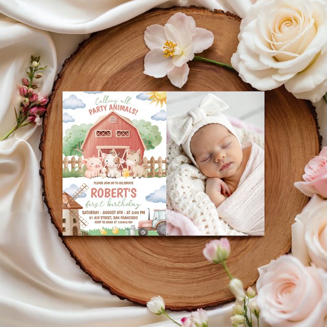 Convite Farm Party Photo 1st Birthday Invite (Criador carregado)