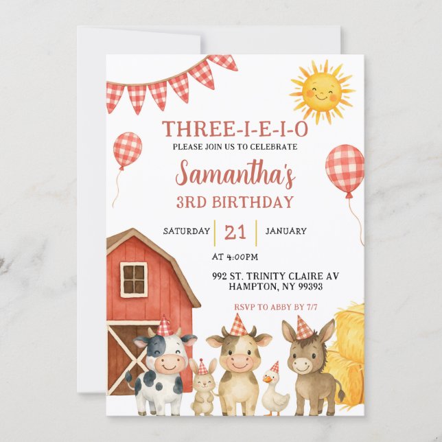 Convite Farm Party Three-i-e-i-o Birthday Invitation (Frente)
