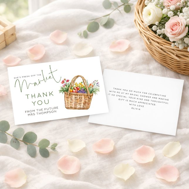 Convite Farmers Market Bridal Shower Green Thank You Card (Front and back view)