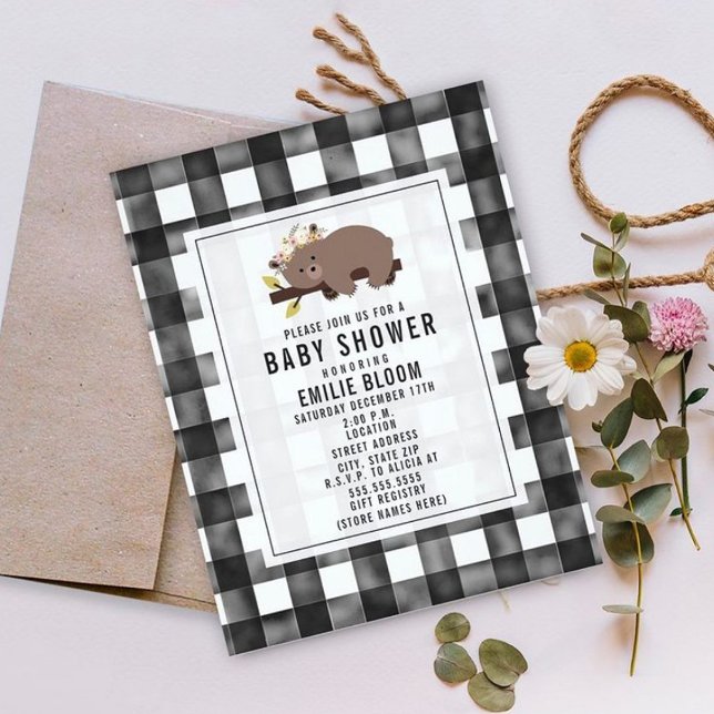 Convite Farmhouse Gingham Boho Sleepy Bear Chá de fraldas (Criador carregado)