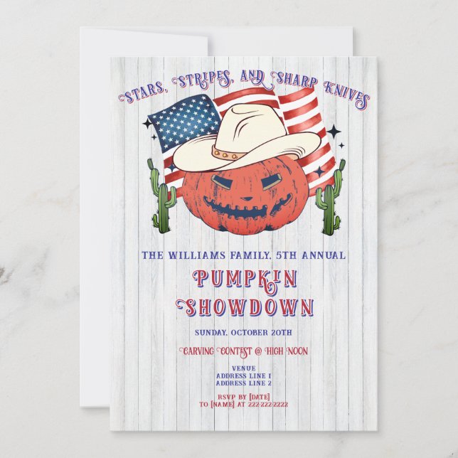 Convite Farmhouse Patriotic Pumpkin apresenta Halloween (Frente)