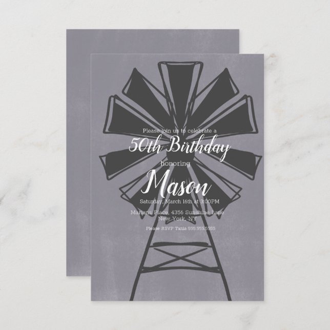 Convite Farmhouse Windmill Rustic 50th Birthday (Frente/Verso)