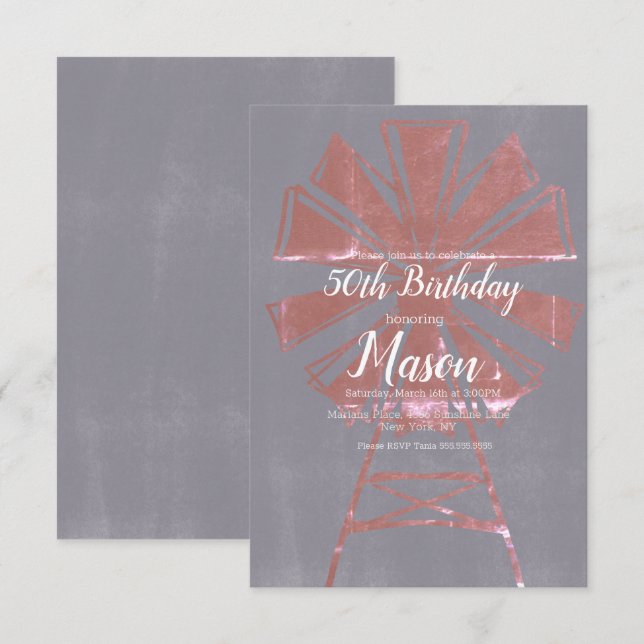 Convite Farmhouse Windmill Rustic 50th Birthday (Frente/Verso)