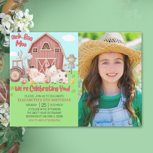 Convite Farmyard Girl Birthday Photo – Cute Barn Animals  (Criador carregado)