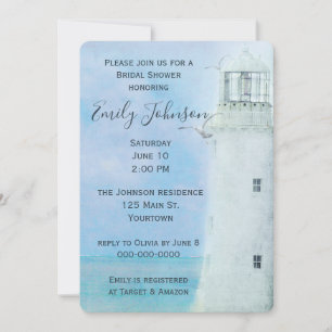 Convite Farol branco de aquarela e gaivotas