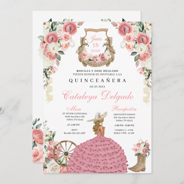 Convite Farol-cor-de-rosa-oeste Mariachi Charro Quinceañer (Frente/Verso)