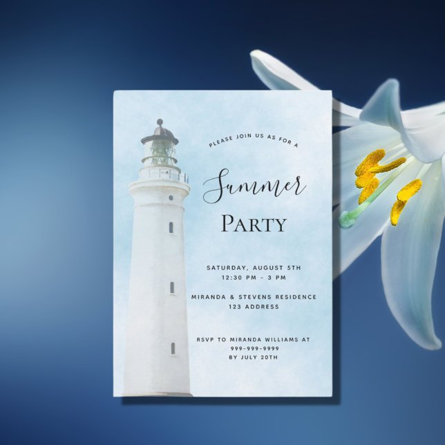 Convite Farol de festas de verão azul de praia costeira (Criador carregado)