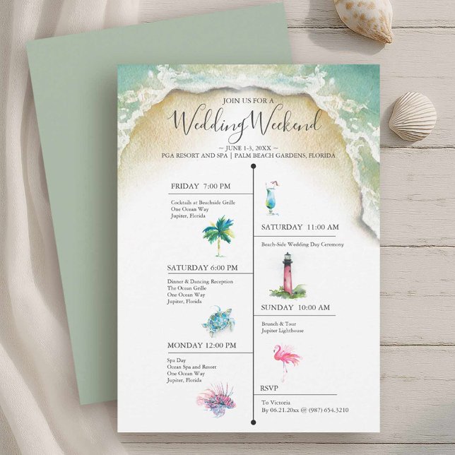 Convite Farol de Modelo de Casamento Itinerário de Destino (Beach wedding weekend itinerary watercolor illustration art by Victoria Grigaliunas )