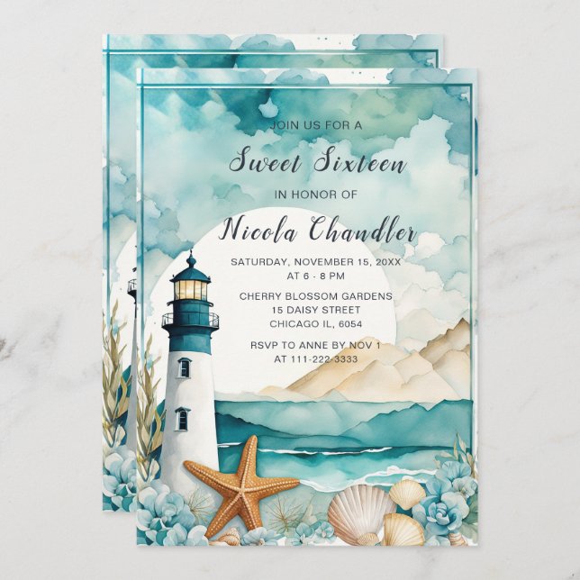 Convite Farol Náutico Doce Dezesseis Aniversário (Frente/Verso)