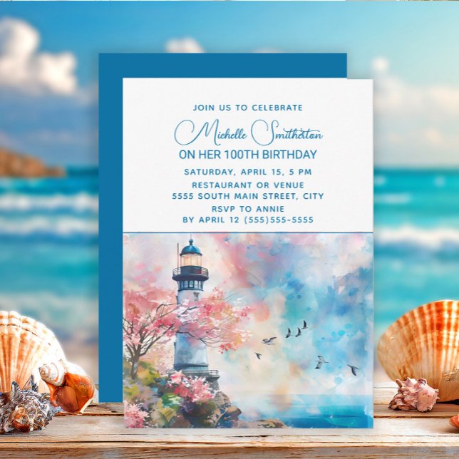 Convite Farol Oceano Náutico 100.o Aniversário (Lighthouse/beach birthday party invitation)