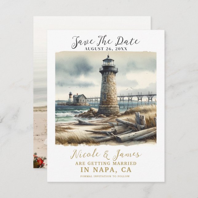 Convite Farol Russo Costeiro Lado à beira-mar Guarde a Dat (Frente/Verso)