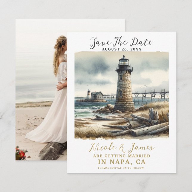 Convite Farol Rústico Costeiro à Beira-Mar Salve a Data (Frente/Verso)