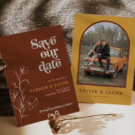 Convite FARRAH Retro 70's Rust Floral Photo Save the Date