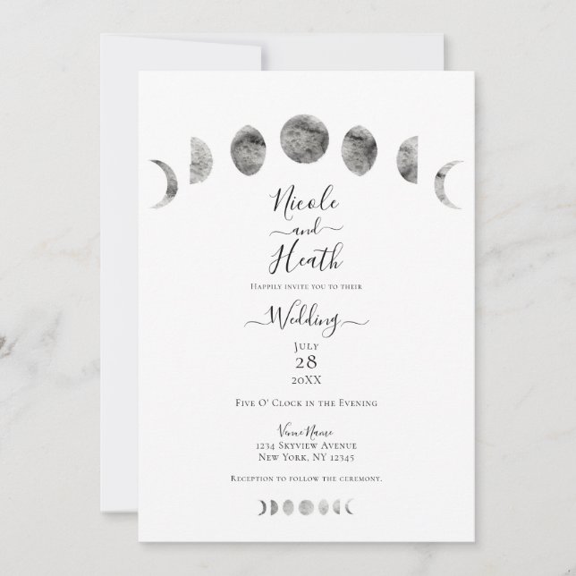 Convite Fases da Lua Branca Aquarela Casamento Minimalista (Frente)