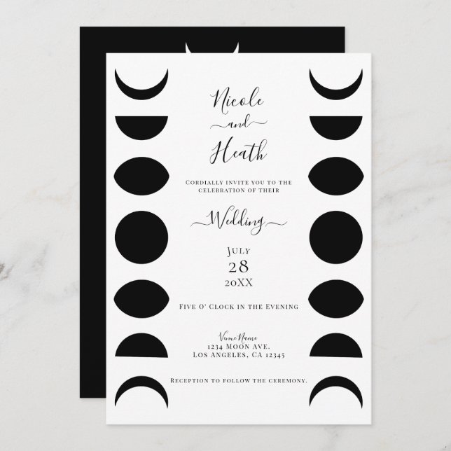 Convite Fases da Lua Ciclos Casamento Preto e Branco (Frente/Verso)