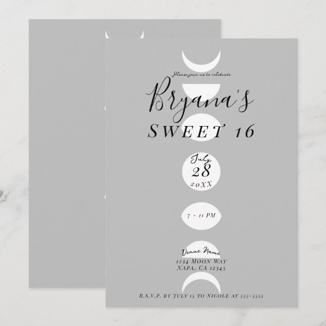 Convite Fases da Lua Ciclos Cinza e Branco Doce 16 (Frente/Verso)