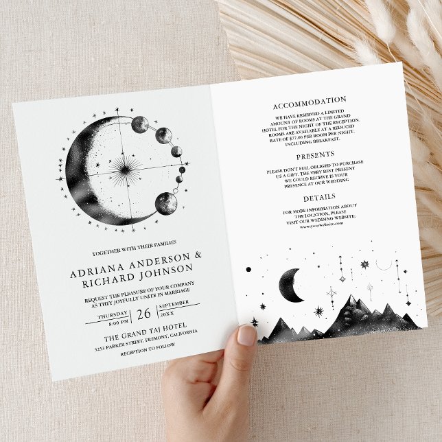 Convite Fases da Lua Crescente Celestial Preto Casamento (Criador carregado)