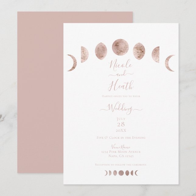 Convite Fases da Lua Rosa Boho Casamento Moderno Minimalis (Frente/Verso)