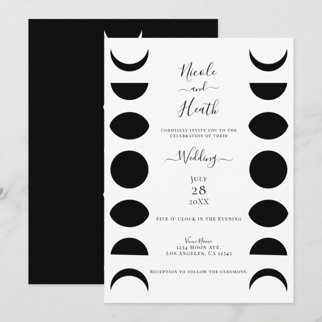 Convite Fases Lunares Ciclos Casamento Preto e Branco (Frente/Verso)