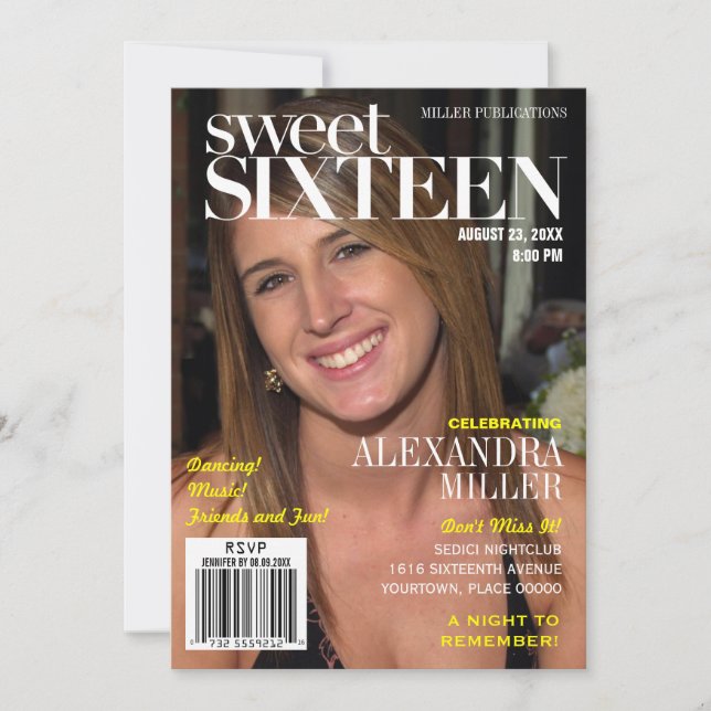 Convite Fashion Magazine Yellow Sweet 16 Party (Frente)