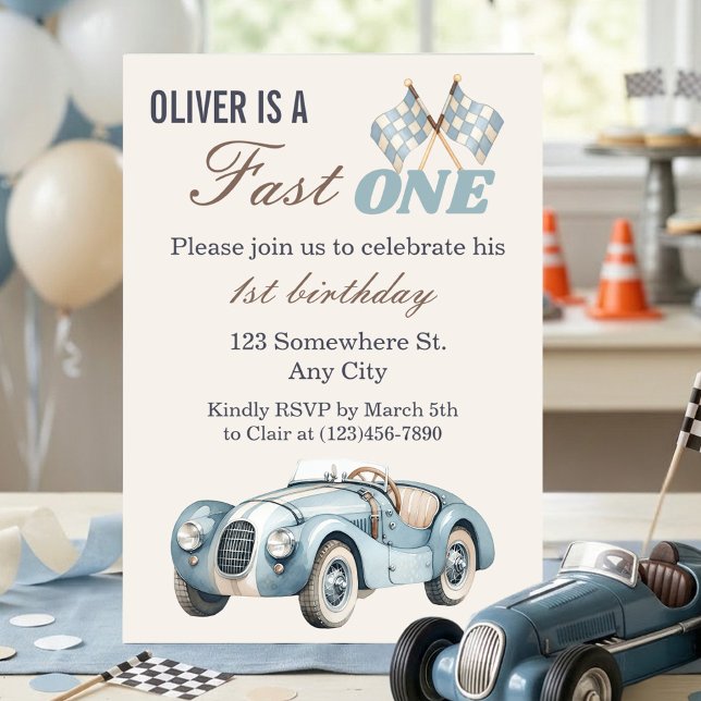 Convite Fast One 1st Birthday Blue Race Car Boy (Fast One 1st Birthday Blue Race Car Boy Invitation)