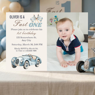 Convite Fast One 1st Birthday Blue Race Car Boy Photo 