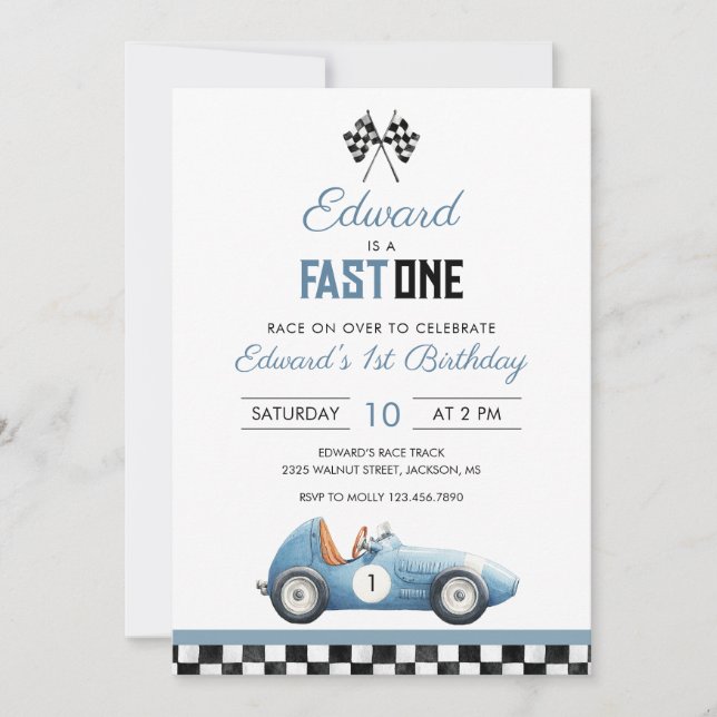 Convite Fast One Blue Race Car 1st Birthday (Frente)