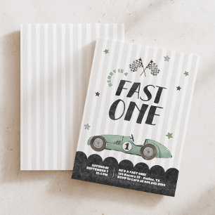 Convite Fast One Boys Green Racecar 1º Aniversário