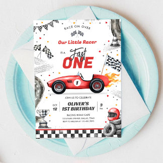 Convite Fast One Race Car Boy 1st Birthday Invitation