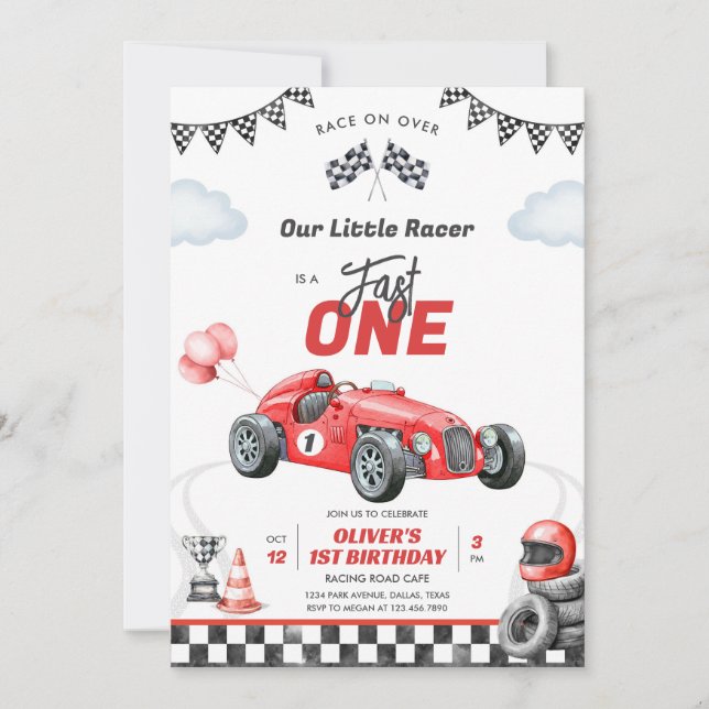 Convite Fast One Race Car Boy 1st Birthday Invitation (Frente)