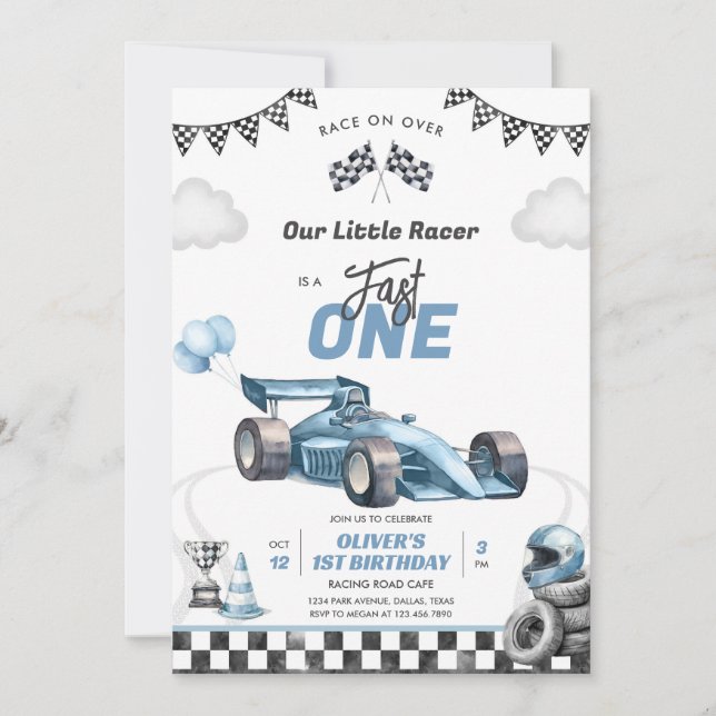 Convite Fast One Race Car Boy 1st Birthday Invitation (Frente)